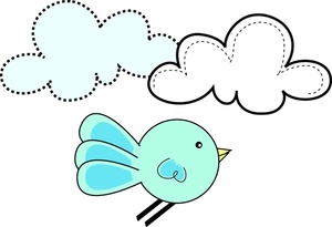cute little cartoon bird flying  soaring through the clouds