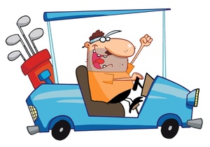 acclaim clipart: enthusiastic cartoon golfer driving a golf cart with golf clubs in the back
