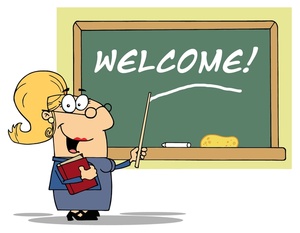 acclaim clipart: female teacher welcoming her students back to school