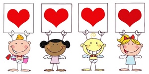 acclaim clipart: four angels holding four red heart valentine cards