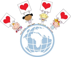 acclaim clipart: four angels holding red heart valentines cards on the globe