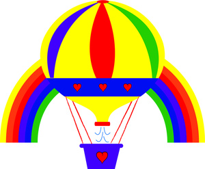hot air balloon flying above a colorful rainbow