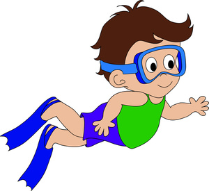 acclaim clipart: kid on summer vacation swimming underwater with goggles and swim fins