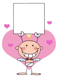 acclaim clipart: pink hearts behind a black and white cupid with a blank valentine