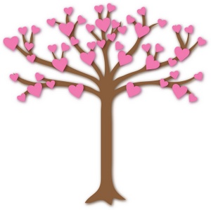 pink hearts growing on the many branches of the tree of love and relationships