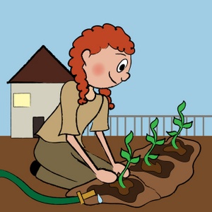 acclaim clipart: redheaded teen girl planting a garden