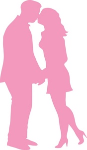 silhouette in pink of a couple of lovers a man and woman leaning in and sharing a kiss