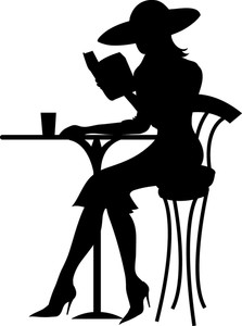 Woman Clipart Image: Silhouette of Beautiful Woman Reading Book at a Outdoor Cafe