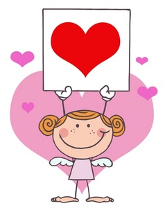 acclaim clipart: smiling female angel with pink hearts holding a red heart valentine