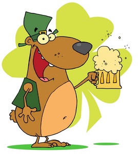 acclaim clipart: smiling irish dog with a shamrock and pint of beer