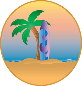 surfboard and palm tree on an island paradise