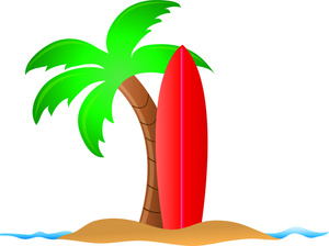 acclaim clipart: surfboard leaning up against a palm tree on a tropical island