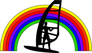 acclaim clipart: travel icon of a windsurfer under a rainbow