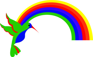 travel icon signifying a tropical destination with a hummingbird flying under a rainbow
