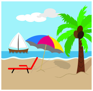 tropical island scene with coconut palm tree beach umbrella chase lounge and sailboat on the ocean