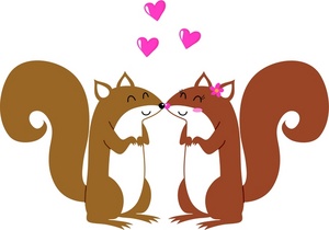 two squirrels in love with hearts adrift as they rub noses