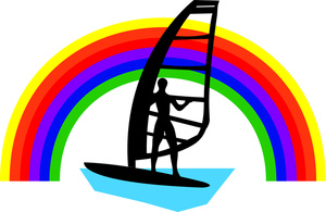 acclaim clipart: windsurfer windsurfing on a lake or ocean under a rainbow