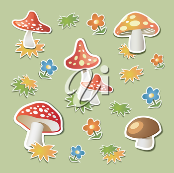 Mushrooms in the form stickers on green background